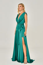 Load image into Gallery viewer, Shoulder-Padded and Brooch-Adorned Deep Slit Satin Long Evening Dress