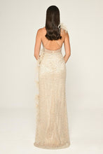 Load image into Gallery viewer, Spaghetti Strap Feather Trim Slit Sequin Long Dress