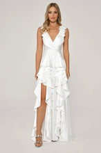 Load image into Gallery viewer, Double Slit Floral Accent Satin Long Evening Dress