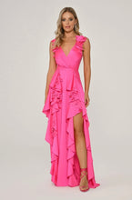 Load image into Gallery viewer, Double Slit Floral Accent Satin Long Evening Dress