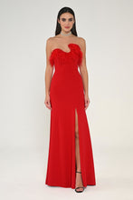 Load image into Gallery viewer, Asymmetric Cut Crepe Long Dress with Strapless Feathered Top