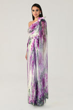 Load image into Gallery viewer, One-Shoulder Floral Satin Evening Gown with Chiffon Shawl