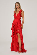 Load image into Gallery viewer, Double Slit Floral Accent Satin Long Evening Dress