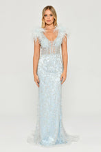 Load image into Gallery viewer, Sequined Tulle and Feather Long Evening Gown
