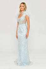 Load image into Gallery viewer, Sequined Tulle and Feather Long Evening Gown
