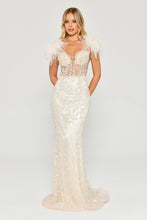 Load image into Gallery viewer, Sequined Tulle and Feather Long Evening Gown