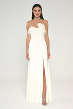 Load image into Gallery viewer, Asymmetric Cut Crepe Long Dress with Strapless Feathered Top