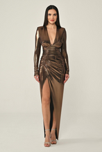 Load image into Gallery viewer, Deep V-Neck Long Sleeve Glossy Evening Dress