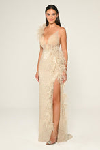 Load image into Gallery viewer, Spaghetti Strap Feather Trim Slit Sequin Long Dress