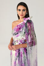 Load image into Gallery viewer, One-Shoulder Floral Satin Evening Gown with Chiffon Shawl
