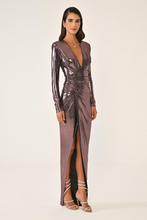 Load image into Gallery viewer, Deep V-Neck Long Sleeve Glossy Evening Dress