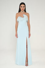 Load image into Gallery viewer, Asymmetric Cut Crepe Long Dress with Strapless Feathered Top