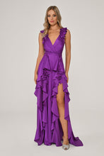 Load image into Gallery viewer, Double Slit Floral Accent Satin Long Evening Dress
