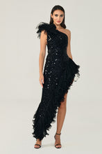 Load image into Gallery viewer, One-Shoulder Tulle Accented Asymmetric Sequin Long Dress