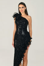 Load image into Gallery viewer, One-Shoulder Tulle Accented Asymmetric Sequin Long Dress