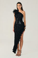Load image into Gallery viewer, One-Shoulder Tulle Accented Asymmetric Sequin Long Dress