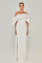 Load image into Gallery viewer, Off-Shoulder Feather Trim Strapless Gown with High Slit