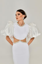 Load image into Gallery viewer, Baloon Sleeve Pearl-Embroidered Open Back Evening Gown