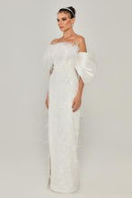 Load image into Gallery viewer, Off-Shoulder Feather Trim Strapless Gown with High Slit