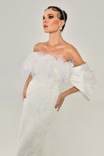 Load image into Gallery viewer, Off-Shoulder Feather Trim Strapless Gown with High Slit