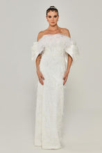 Load image into Gallery viewer, Off-Shoulder Feather Trim Strapless Gown with High Slit
