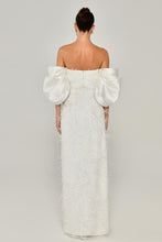 Load image into Gallery viewer, Off-Shoulder Feather Trim Strapless Gown with High Slit