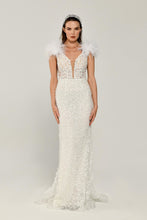 Load image into Gallery viewer, Sequined Tulle and Feather Long Evening Gown