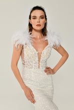 Load image into Gallery viewer, Sequined Tulle and Feather Long Evening Gown