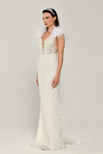 Load image into Gallery viewer, Sequined Tulle and Feather Long Evening Gown