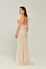 Load image into Gallery viewer, Sequined Tulle and Feather Long Evening Gown