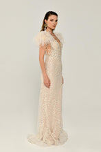 Load image into Gallery viewer, Sequined Tulle and Feather Long Evening Gown