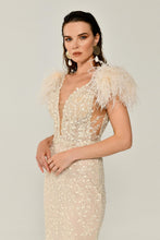 Load image into Gallery viewer, Sequined Tulle and Feather Long Evening Gown