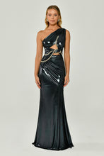 Load image into Gallery viewer, One-Shoulder Chain Detail Evening Dress in Shimmering Fabric
