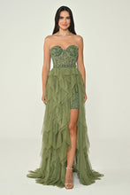 Load image into Gallery viewer, Strapless Sequin Corset Layered Tulle Maxi Dress
