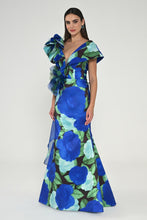 Load image into Gallery viewer, Statement Blue Floral Taffeta Gown with Sculptural Ruffle Shoulder
