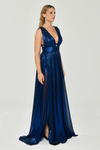 Load image into Gallery viewer, Deep V-Neck Long Evening Dress in Glossy Fabric with Double Front Slit
