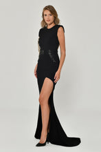 Load image into Gallery viewer, Padded Shoulder Long Dress with Chain Back Detail
