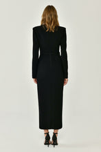 Load image into Gallery viewer, Long-Sleeve Padded Shoulder V-Neck Midi Evening Dress with Front Slit
