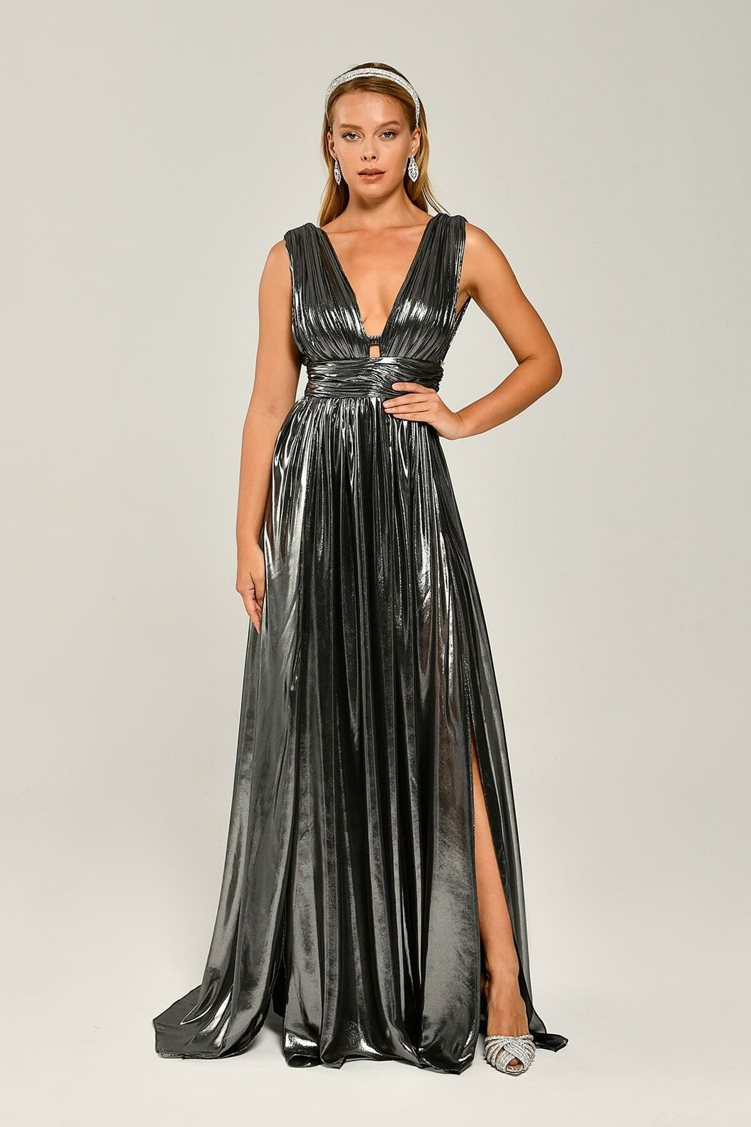 Deep V-Neck Long Evening Dress in Glossy Fabric with Double Front Slit