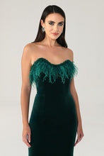 Load image into Gallery viewer, Strapless Feather-Embroidered Velvet Midi Dress
