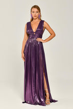 Load image into Gallery viewer, Deep V-Neck Long Evening Dress in Glossy Fabric with Double Front Slit
