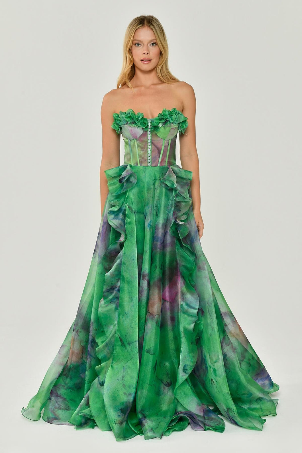 Strapless Patterned Tulle Long Evening Gown