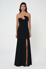Load image into Gallery viewer, Asymmetric Cut Crepe Long Dress with Strapless Feathered Top
