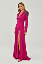 Load image into Gallery viewer, Long Sleeve Epaulette Deep V-Neck Crepe Long Dress
