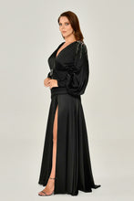 Load image into Gallery viewer, Long Sleeve Satin V Neck Deep Slit Gown
