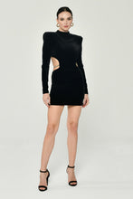 Load image into Gallery viewer, Padded Shoulder Velvet Mini Dress with Back Chain and Plunging Neck
