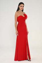 Load image into Gallery viewer, Asymmetric Cut Crepe Long Dress with Strapless Feathered Top

