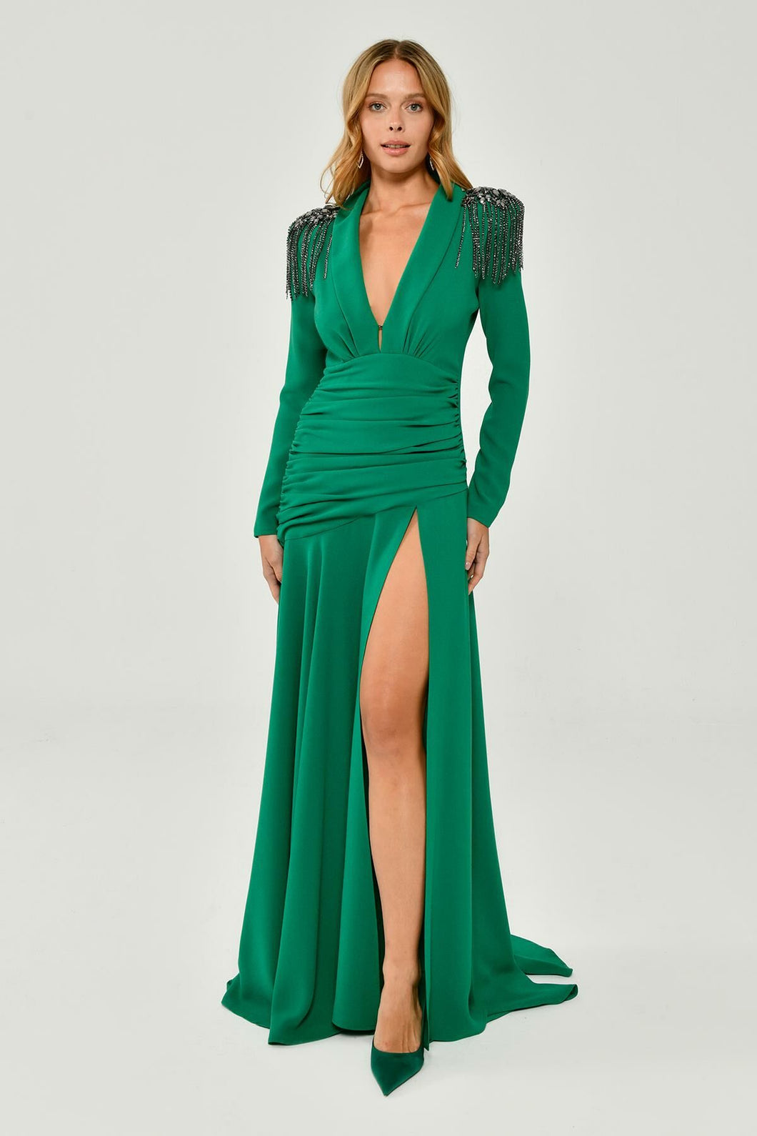 Long Sleeve Epaulette Deep V-Neck Crepe Long Dress