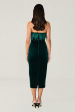 Load image into Gallery viewer, Strapless Feather-Embroidered Velvet Midi Dress
