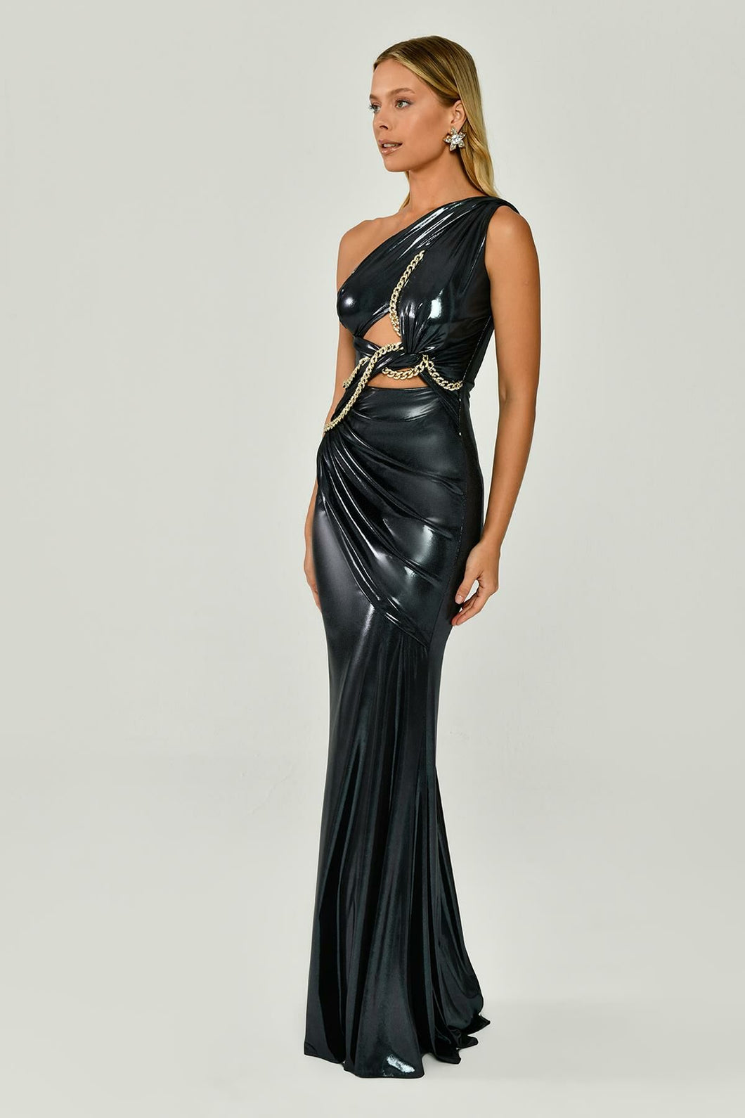One-Shoulder Chain Detail Evening Dress in Shimmering Fabric